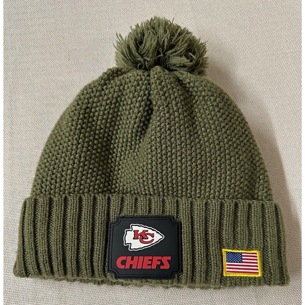 NFL Kansas City Chiefs Green Knit Pom Beanie Hat One Size American Flag Patch